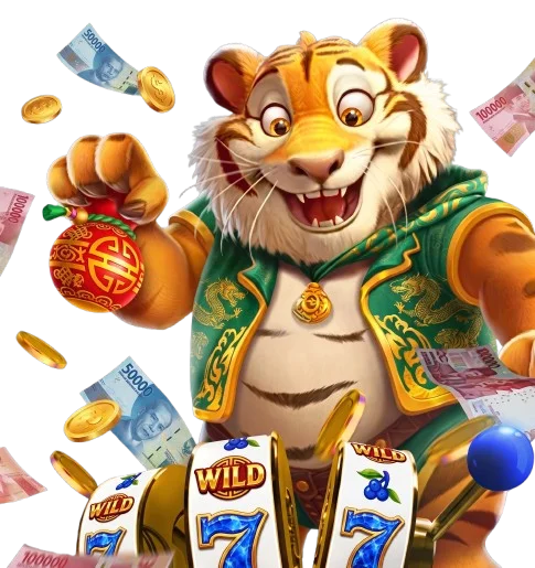 Seekor harimau animasi yang ceria mengenakan rompi tradisional berwarna hijau dengan sulaman naga berwarna emas, memegang bola merah khas Tiongkok dan setumpuk uang kertas rupiah Indonesia (IDR) di cakarnya