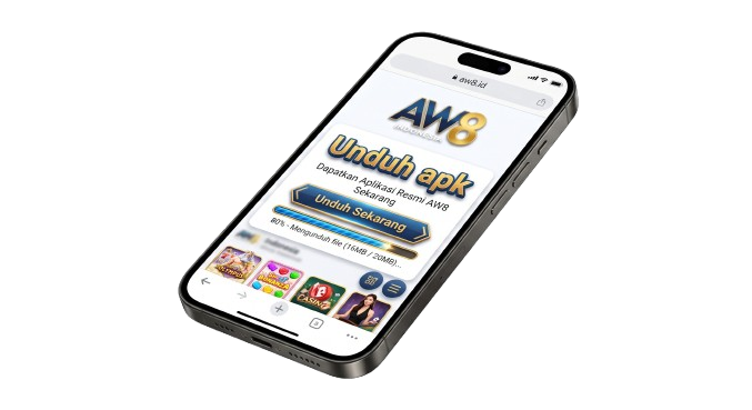 Smartphone modern menampilkan proses unduh APK AW8 Indonesia dengan bilah kemajuan (progress bar) pada layar aplikasi judi slot online